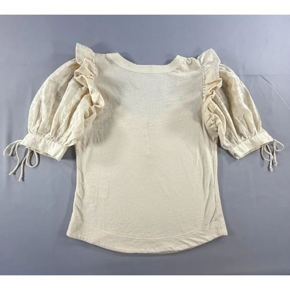 Anthropologie Puff Sleeve Henley Top M Embroidered Boho Cottagecore Ivory
